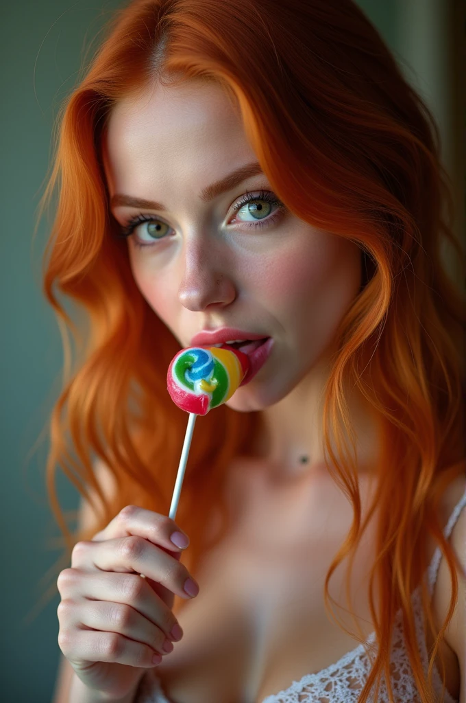 (magem fotorrealista de um Woman, Ultrarealistic, fot, long redhead hair, Woman, 38 years old, hourglass figure, perfectbody, seducing gaze, big natural breasts, blur the background, her wet tongue licking a thick, long, rainbow-colored spiral lollipop, some saliva is dripping from your tongue, seducing gaze, long eyelashes, cat eye makeup... As if she was looking at the camera...sexly
