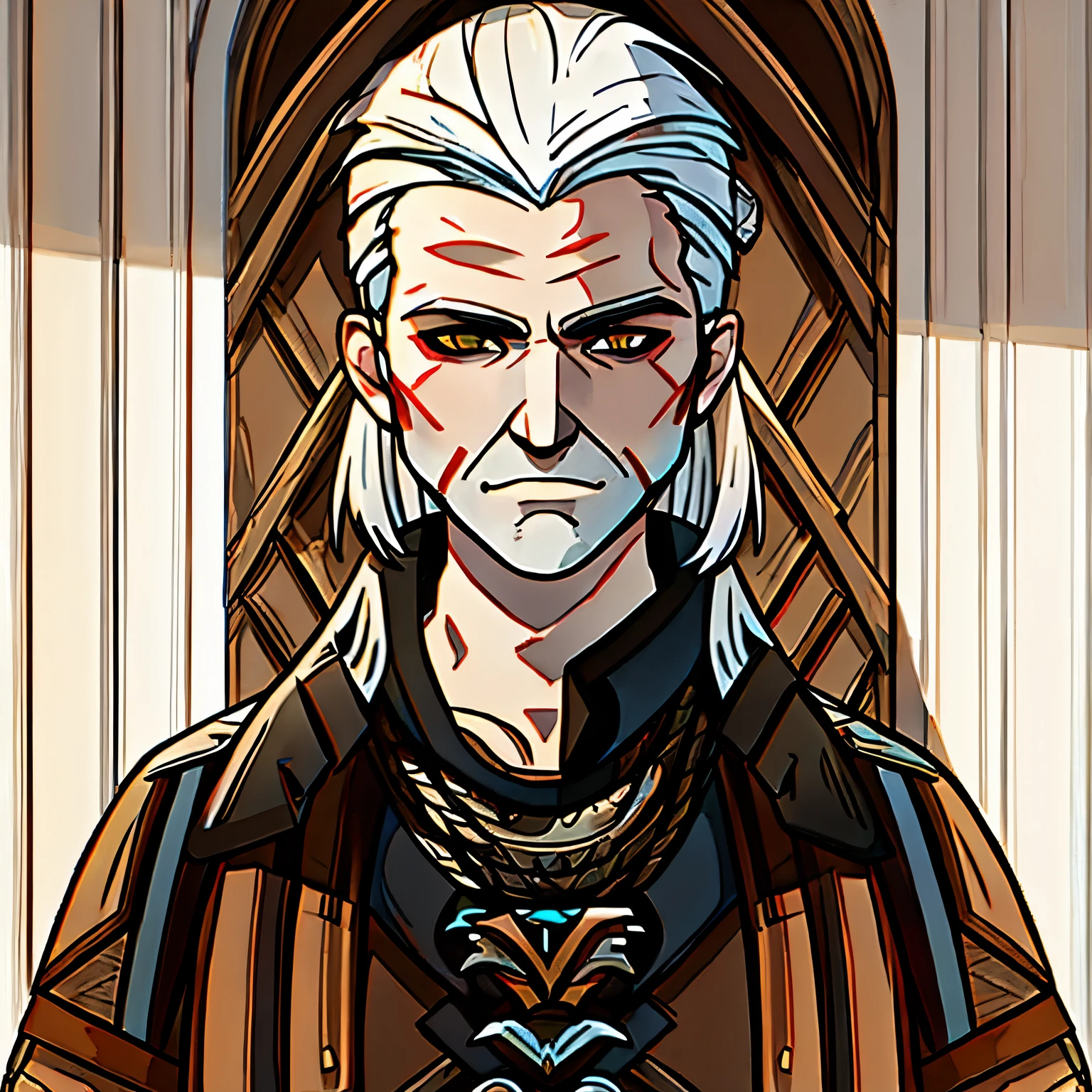 masterpiece, best quality, simple background, portrait, solo, 1man, geralt from the witcher 3: wild hunt