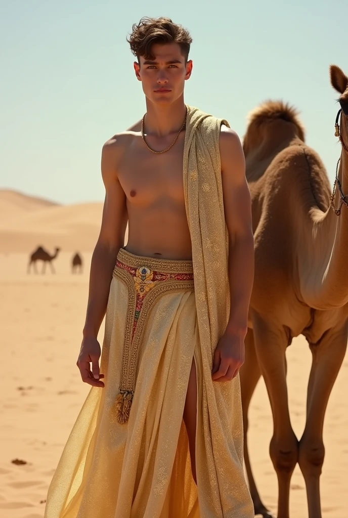 A young cute handsome beautiful face white skinny shirtless naked man is standing in a desert wearing a shiny golden Arabian dress like a prince with a camel