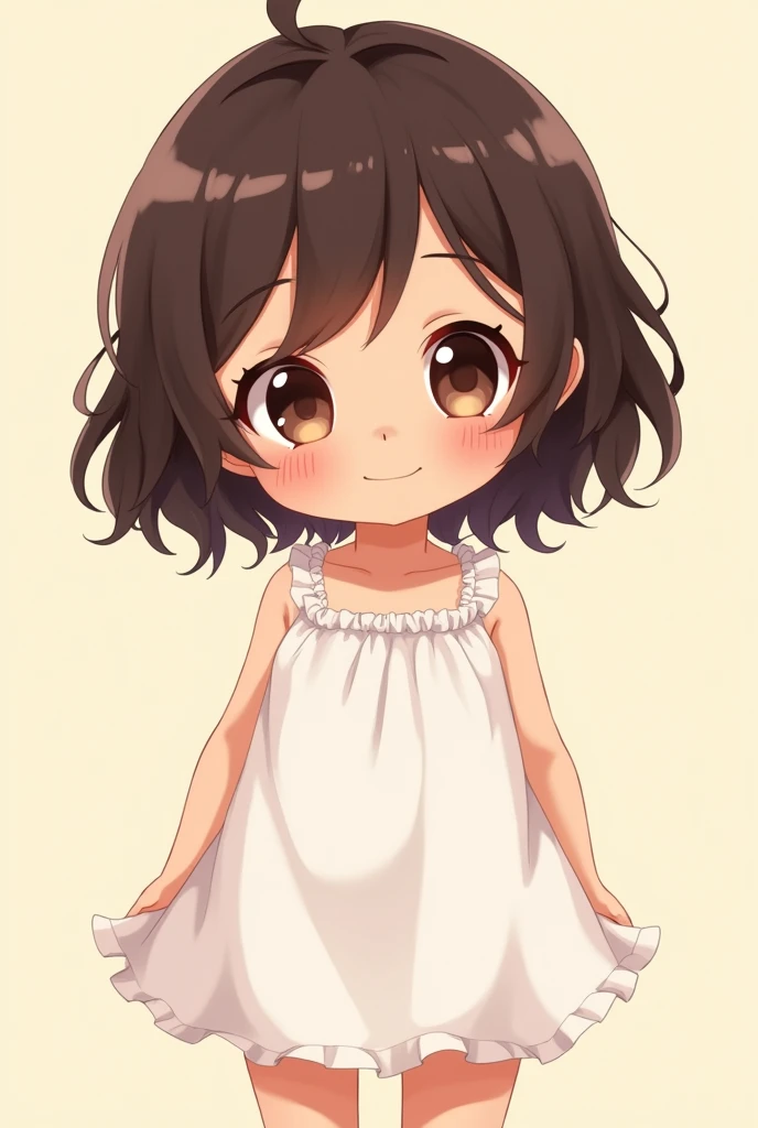 Anime style kawaii girl with short wavy dark brown hair, her skin is brown, dark brown eyes, she wears a white dress, she is chubby