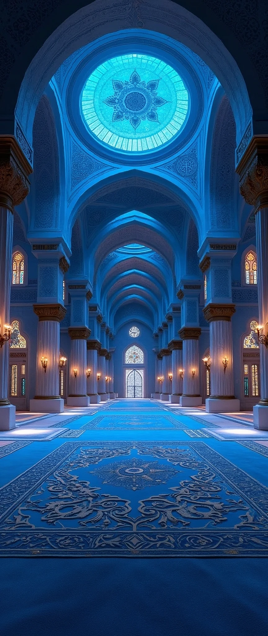 (masterpiece:1.2,Highest quality,Ultra-high resolution,Very detailed,Realistic,RAW Photos:1.2,Elaborate photos),(Beautiful mosque room),8k,wallpaper,(Ray Tracing),(Beautiful arabesque carpet),(A large dome with beautiful arabesque patterns),(A large mosque room with a blue theme),dynamic,night,Moonlight