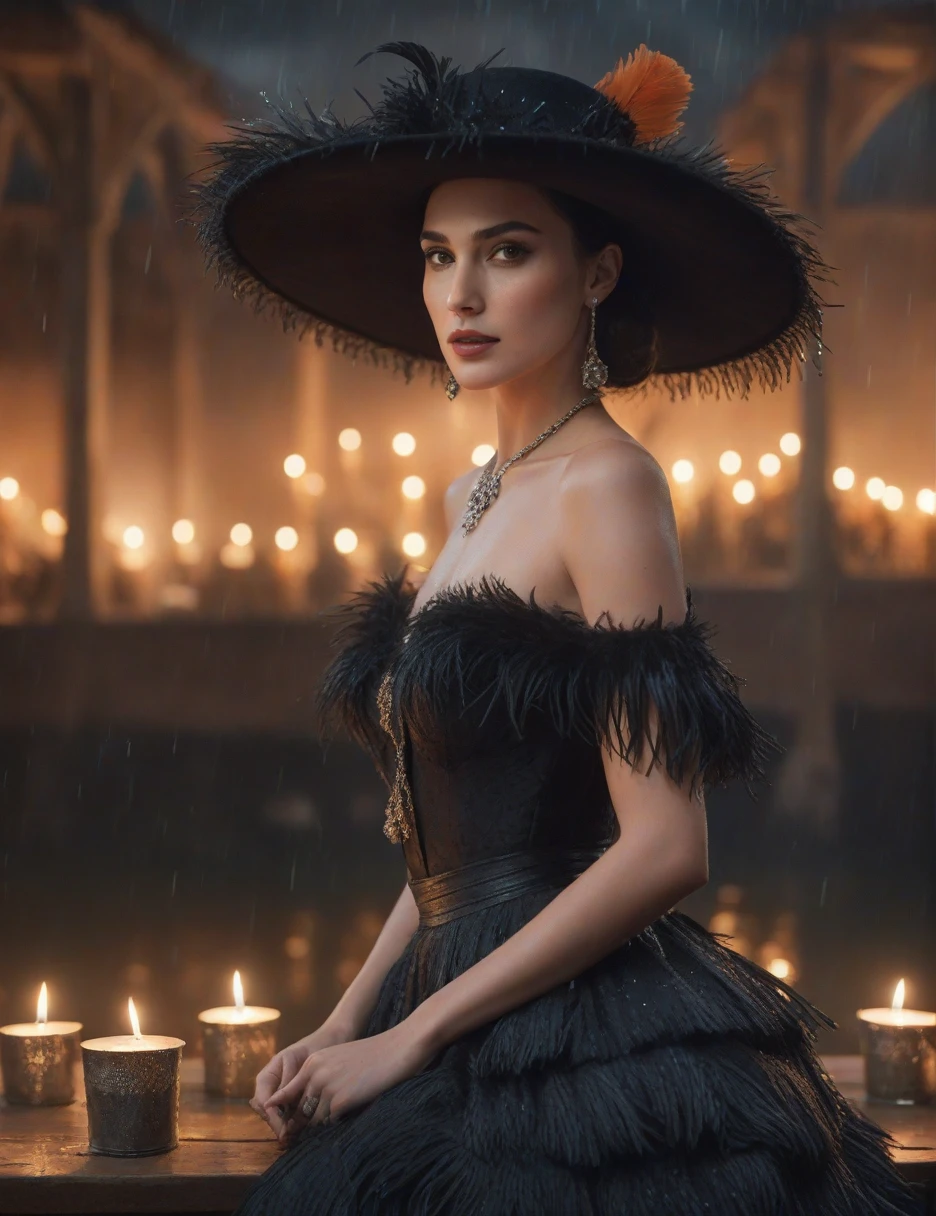 Hiperrealistic cinematic poster of GAL GADOT wearing a gothic vintage dress and a vintage hat adorned with LONG ostrich feathers, The scene is illuminated with tinted lighting CANDLES ON THE CHANEL IN XOCHIMILCO WITH TRAJINERAS, creating a warm and mystical atmosphere. WITH A DAY OF DEAD OFFREND. GAL GADOT has traditional , blending elegance with cultural heritage. Behind her, there is a natural water cHANEL surrounded by natural WOOD, with a bokeh effect in the background. Soft raindrops fall, gently illuminated by GLOW WORM t in the background. The poster has a standard cinematic size of 24x36 inches. Ultra-detailed, 4K resolution." 4k, hyperrealistic, cinematic lighting, vintage fashion, Day of the Dead, Catrina makeup, orange lighting, bokeh