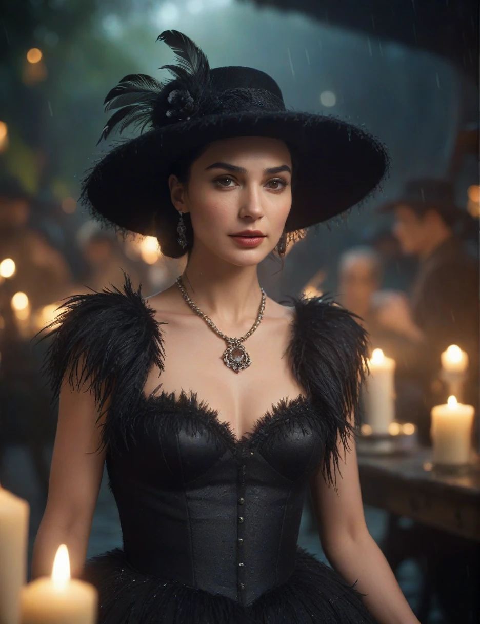 Hiperrealistic cinematic poster of GAL GADOT wearing a gothic vintage dress and a vintage hat adorned with LONG ostrich feathers, The scene is illuminated with tinted lighting CANDLES ON THE CHANEL IN XOCHIMILCO WITH TRAJINERAS, creating a warm and mystical atmosphere. WITH A DAY OF DEAD OFFREND. GAL GADOT has traditional , blending elegance with cultural heritage. Behind her, there is a natural water cHANEL surrounded by natural WOOD, with a bokeh effect in the background. Soft raindrops fall, gently illuminated by GLOW WORM t in the background. The poster has a standard cinematic size of 24x36 inches. Ultra-detailed, 4K resolution." 4k, hyperrealistic, cinematic lighting, vintage fashion, Day of the Dead, Catrina makeup, orange lighting, bokeh