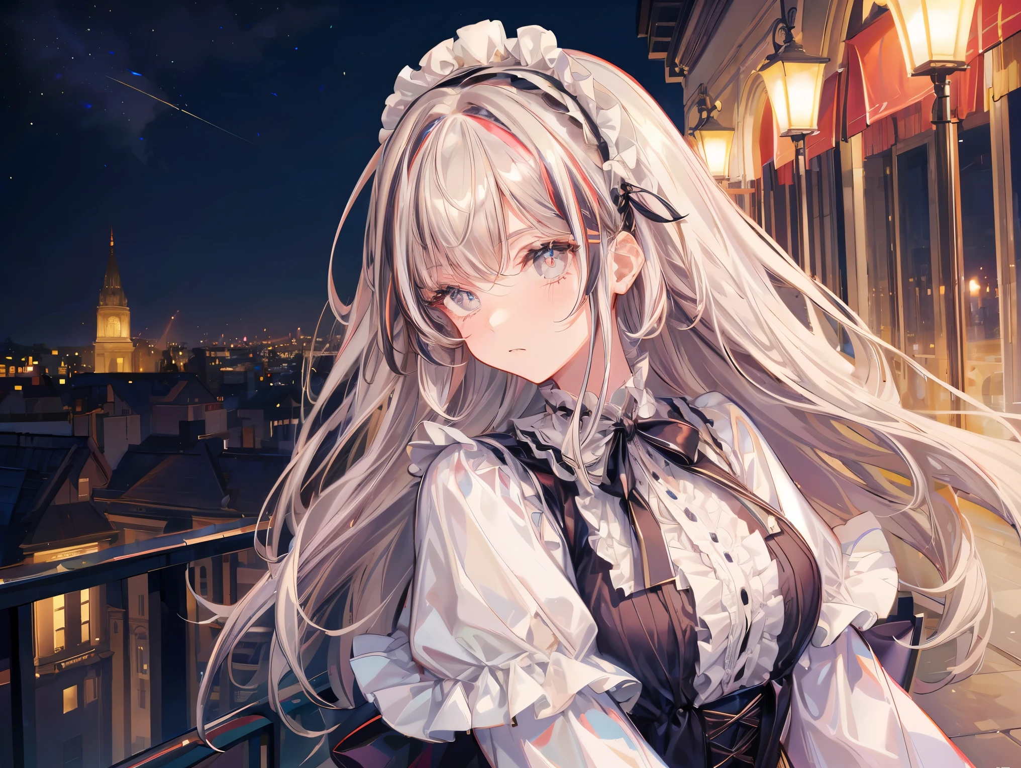 ((streaked hair, messy hair, big hair)), ((expressive hair)), ta hairband, cinematic lighting, bust chart, first-person view, UHD, (((masterpiece, textured skin))), (super detail), high details, high quality, ((best quality)), 16k, Gothic Loliostume, upturned eyes, cute girl, dress with frills, On the open terrace of the cafe, Les Deux Magots, Daytime