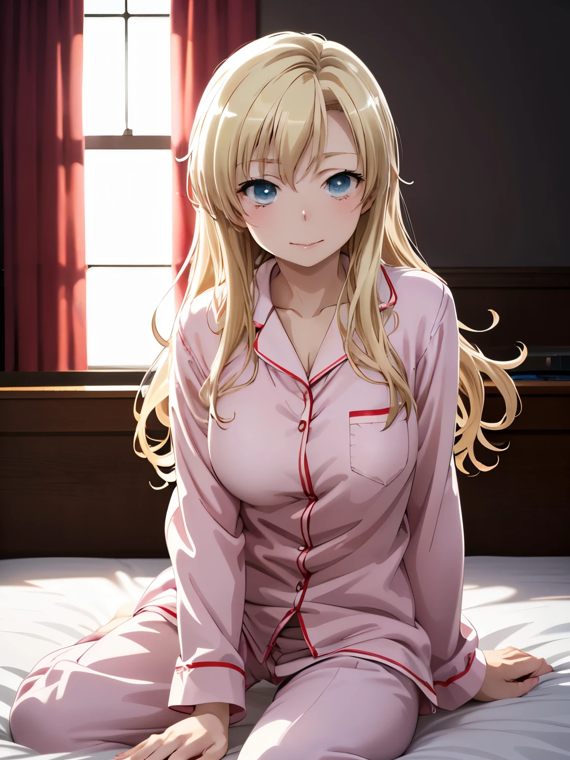 Best Photos, (Anime illustration style:1.3),sitting、Shooting from the front、Closed Mouth、smile、kashiwazaki sena、Bed、masterpiece、Ultra-precision、high resolution,Anime Girls、Shining Eyes, Colorful eyes:1.15、Overall front view、Solo Girl、Pink、In pajamas、(Genuine、Realistic、Realistic:1.5)、High resolution、超High resolution、Ultra-fine painting、Sharp focus、Physically Based Rendering、Cowboy Shot, Realistic, High resolution, Soft Light、wavy beautiful hair