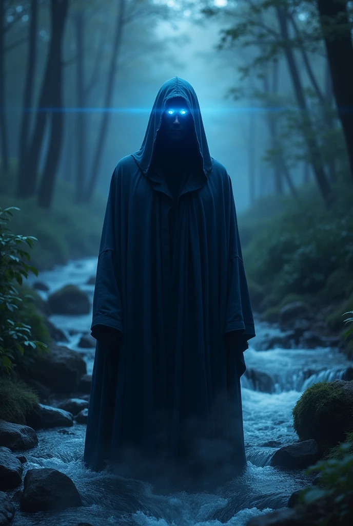 A man in a dark blue hooded robe that covers his entire body except his face, but his face is totally invisible because of the shadow that covers it, and only his eyes can be seen, shining with a blue light, with streams of water flowing in its surroundings in a dark forest, but quiet and peaceful