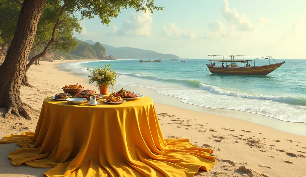 A beautiful scene by the sea, avec une nappe dorée étalée sur le sable, delicious dishes beautifully arranged, et une ambiance romantique parfaite pour se détendre.
This combination highlights the idea that sometimes, un simple geste attentionné comme un moment au bord de la mer avec un bon repas peut faire toute la différence !
An African beach preferably with artisanal pirogues like those of the fishermen of Saint Louis in Senegal