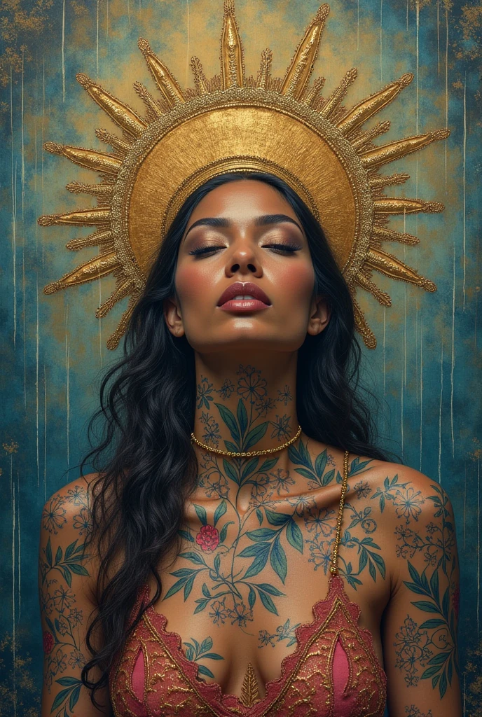 I am the rain that sees the most beautiful woman and touches her all over her body of different races giving her hope and faith and using only pastel colors , The message I want to give is that there is hope, we just have to look for it., very royal style, detailed 24k unique piece uses the triangles of composition details of his whole body details in his hands illumination of hope and nostalgia climate of colors of humility