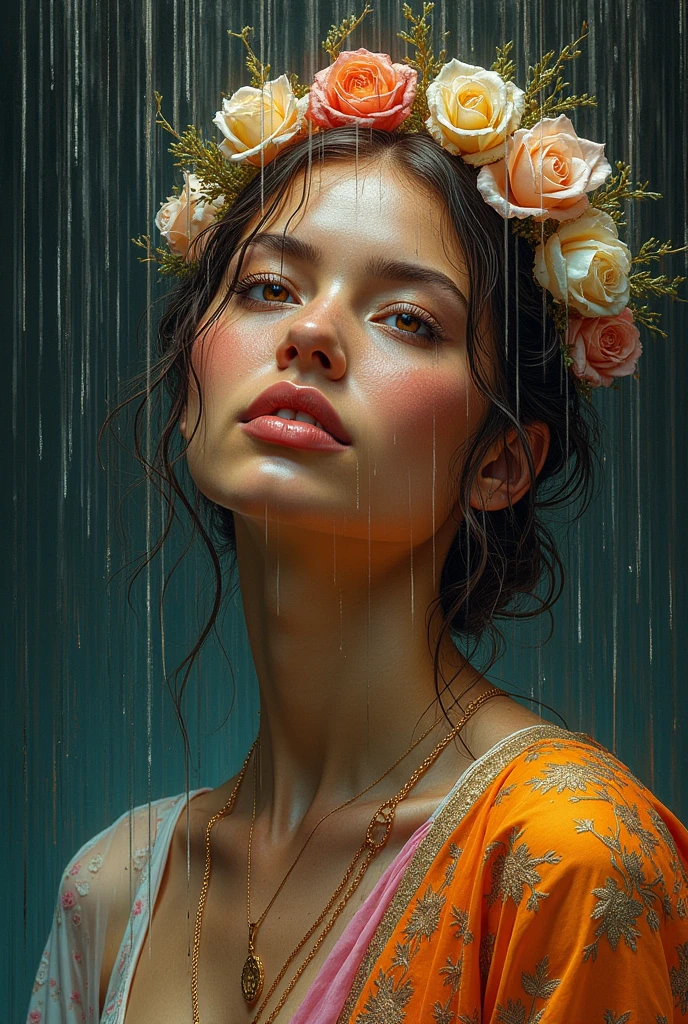 I am the rain that sees the most beautiful woman and touches her all over her body of different races giving her hope and faith and using only pastel colors  , The message I want to give is that there is hope, we just have to look for it.,  very royal style, detailed 24k unique piece uses the triangles of composition details of his whole body details in his hands illumination of hope and nostalgia climate of colors of humility