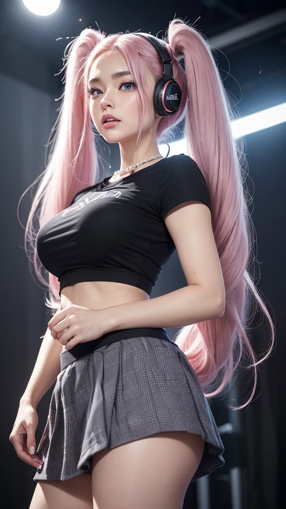 (A beautiful girl wearing a blue T-shirt and a red checked mini skirt is seen singing loudly and sarcastically in a recording studio, wearing headphones and using a microphone. Her image is posted on social media.) (The beautiful girl is , 18% Japanese, 26% French, 56% Ukrainian, 178 cm tall, has a small bust but a good figure and a beautiful, well-balanced figure.) (Her hair is very long and pink ash gray, tied in twin tails with black ribbons, and curls in a spiral shape toward the ends.) (Her eyebrows are the same color as her hair, thin, slightly thick, and short, and her eyelashes are long.) (Her big blue eyes reflect the light of the lighting and are amazingly beautiful like pearls.) (Her nose bridge is high like an English person, her lips are plump and shaped so that you want to kiss them, her skin is translucent white, and the balance between her head and face is traditionally Japanese.) Aesthetics. The number of fingers is also noteworthy, but not too many or too few, and they are very delicately expressed down to the tips of her nails. (Single, Masterpiece, Super detailed, Top quality, Artistic composition, Ultra accurate, Realistic, Photorealistic, High resolution, Dynamic lighting effects, Consider the proportions of the whole composition, Ultra realistic). Try to emphasize the facial expression and appearance. Do your best to meet all these criteria.