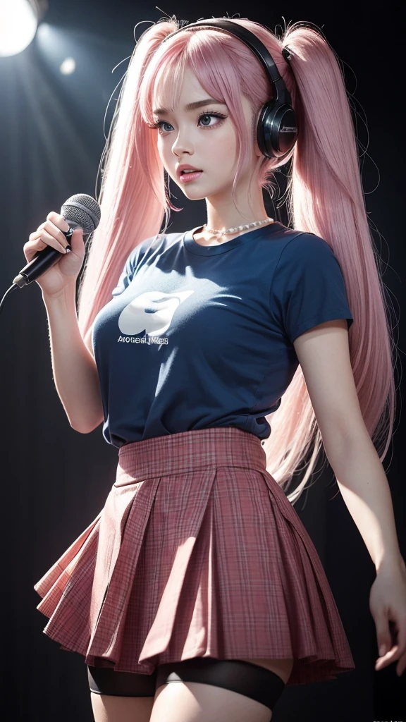 (A beautiful girl wearing a blue T-shirt and a red checked mini skirt is seen singing loudly and sarcastically in a recording studio, wearing headphones and using a microphone. Her image is posted on social media.) (The beautiful girl is , 18% Japanese, 26% French, 56% Ukrainian, 178 cm tall, has a small bust but a good figure and a beautiful, well-balanced figure.) (Her hair is very long and pink ash gray, tied in twin tails with black ribbons, and curls in a spiral shape toward the ends.) (Her eyebrows are the same color as her hair, thin, slightly thick, and short, and her eyelashes are long.) (Her big blue eyes reflect the light of the lighting and are amazingly beautiful like pearls.) (Her nose bridge is high like an English person, her lips are plump and shaped so that you want to kiss them, her skin is translucent white, and the balance between her head and face is traditionally Japanese.) Aesthetics. The number of fingers is also noteworthy, but not too many or too few, and they are very delicately expressed down to the tips of her nails. (Single, Masterpiece, Super detailed, Top quality, Artistic composition, Ultra accurate, Realistic, Photorealistic, High resolution, Dynamic lighting effects, Consider the proportions of the whole composition, Ultra realistic). Try to emphasize the facial expression and appearance. Do your best to meet all these criteria.