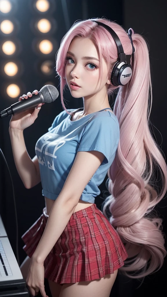(A beautiful girl wearing a blue T-shirt and a red checked mini skirt is seen singing loudly and sarcastically in a recording studio, wearing headphones and using a microphone. Her image is posted on social media.) (The beautiful girl is , 18% Japanese, 26% French, 56% Ukrainian, 178 cm tall, has a small bust but a good figure and a beautiful, well-balanced figure.) (Her hair is very long and pink ash gray, tied in twin tails with black ribbons, and curls in a spiral shape toward the ends.) (Her eyebrows are the same color as her hair, thin, slightly thick, and short, and her eyelashes are long.) (Her big blue eyes reflect the light of the lighting and are amazingly beautiful like pearls.) (Her nose bridge is high like an English person, her lips are plump and shaped so that you want to kiss them, her skin is translucent white, and the balance between her head and face is traditionally Japanese.) Aesthetics. The number of fingers is also noteworthy, but not too many or too few, and they are very delicately expressed down to the tips of her nails. (Single, Masterpiece, Super detailed, Top quality, Artistic composition, Ultra accurate, Realistic, Photorealistic, High resolution, Dynamic lighting effects, Consider the proportions of the whole composition, Ultra realistic). Try to emphasize the facial expression and appearance. Do your best to meet all these criteria.