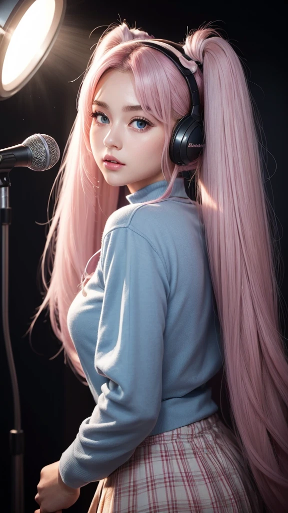 (A beautiful girl wearing a blue T-shirt and a red checked mini skirt is seen singing loudly and sarcastically in a recording studio, wearing headphones and using a microphone. Her image is posted on social media.) (The beautiful girl is , 18% Japanese, 26% French, 56% Ukrainian, 178 cm tall, has a small bust but a good figure and a beautiful, well-balanced figure.) (Her hair is very long and pink ash gray, tied in twin tails with black ribbons, and curls in a spiral shape toward the ends.) (Her eyebrows are the same color as her hair, thin, slightly thick, and short, and her eyelashes are long.) (Her big blue eyes reflect the light of the lighting and are amazingly beautiful like pearls.) (Her nose bridge is high like an English person, her lips are plump and shaped so that you want to kiss them, her skin is translucent white, and the balance between her head and face is traditionally Japanese.) Aesthetics. The number of fingers is also noteworthy, but not too many or too few, and they are very delicately expressed down to the tips of her nails. (Single, Masterpiece, Super detailed, Top quality, Artistic composition, Ultra accurate, Realistic, Photorealistic, High resolution, Dynamic lighting effects, Consider the proportions of the whole composition, Ultra realistic). Try to emphasize the facial expression and appearance. Do your best to meet all these criteria.
