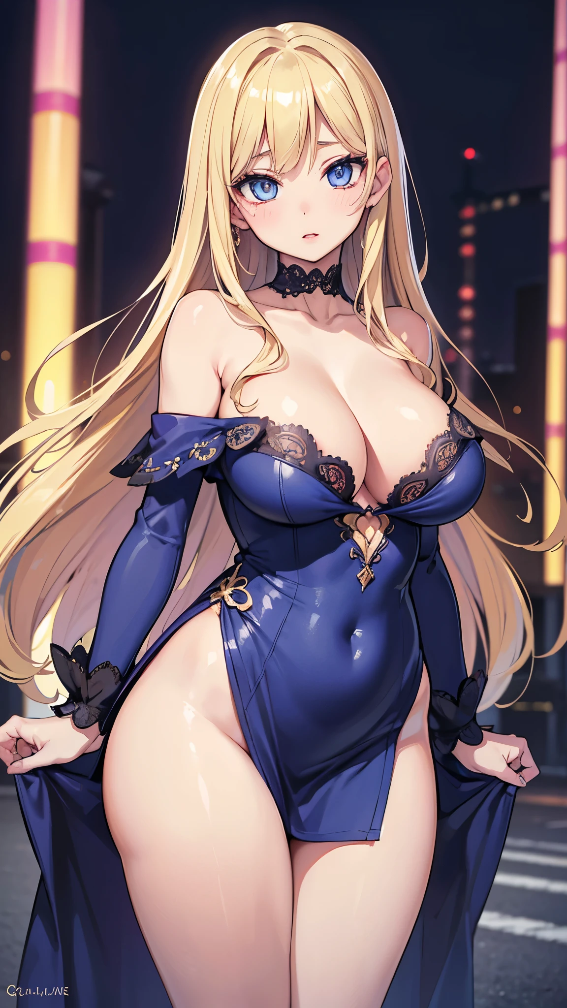 (masterpiece, 最high quality, 超High resolution, Very detailed), (Realistic:1.1, photoRealistic:1.4), Perfect illustration, Perfect lighting,Hair in perfect detail, Perfect and detailed face, Perfect collarbone, Perfect body,Juicy breasts, Perfect Thighs, Beautiful feet, View your viewers, 1 Girl,Perfect Face, (Perfect Anatomy, Anatomically correct), Symmetrical face、((Shiny Hair)),Sexy Body、(masterpiece),(最high quality:1.3),8k,Very clear,(Ultra-realistic),,Captivating woman,(high quality, High resolution, Fine details), Realisticなスタイルの女性,Juicy breasts、One perfect woman、Perfect Face、Symmetrical face、、((Large Breasts))、Cleavage、blush、((Juicy lips))、(((long straight blonde hair)))、((Big double blue eyes、Long eyelashes))、((Red makeup))、(((Off-the-shoulder tight mini dress)))、(Voluptuous belly)、(((Wide Hips)))、(Outdoor、Shinjuku at night)