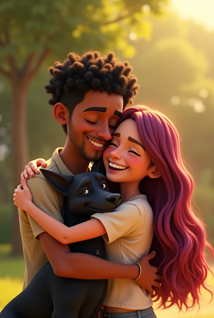 Disney Pixar-type animation of a young Colombian man with dark skin, cheek, Short curly black hair with a fade cut, thin nose, thin eyebrows and short beard. hugging a young woman with long violet red hair, white skin and a border collie dog with the whole body black