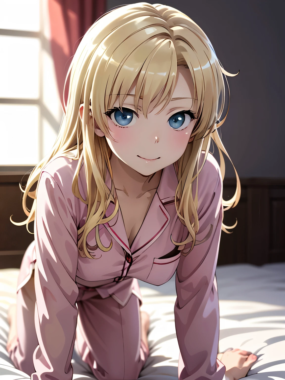 Best Photos, (Anime illustration style:1.3)、Shooting from the front、Closed Mouth、smile、kashiwazaki sena、Bed、masterpiece、Ultra-precision、high resolution,Anime Girls、Shining Eyes, Colorful eyes:1.15、Overall front view、Solo Girl、Pink、In pajamas、On all fours、(Genuine、Realistic、Realistic:1.5)、High resolution、超High resolution、Ultra-fine painting、Sharp focus、Physically Based Rendering、Cowboy Shot, Realistic, High resolution, Soft Light、wavy beautiful hair