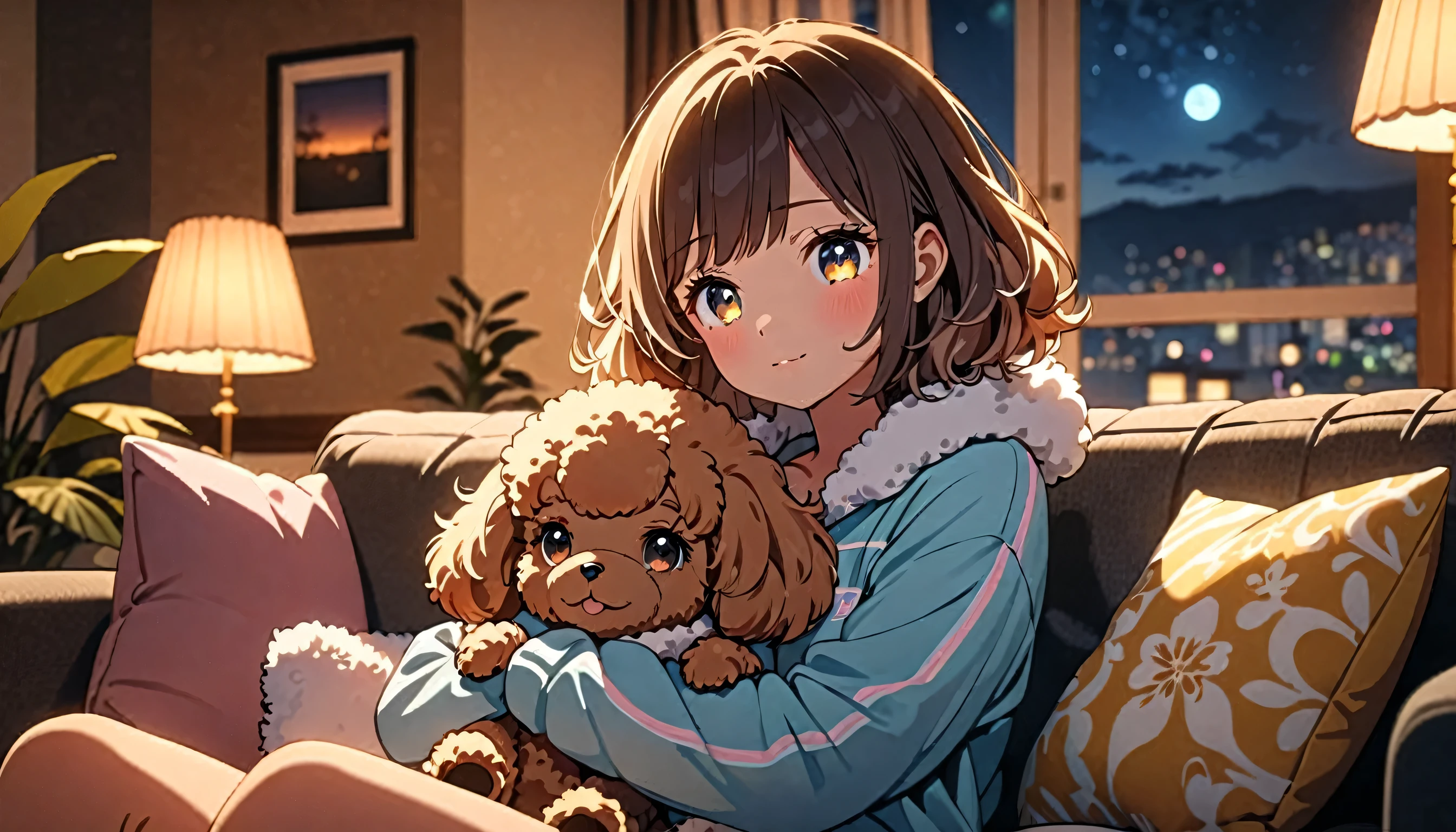 a  girl relaxing on a sofa in a living room at night, a fluffy toy poodle sitting next to her, warm lighting, cozy atmosphere, detailed facial features, animetic, 4k, high quality, cinematic, soft colors, glowing skin, detailed clothing, comfortable setting