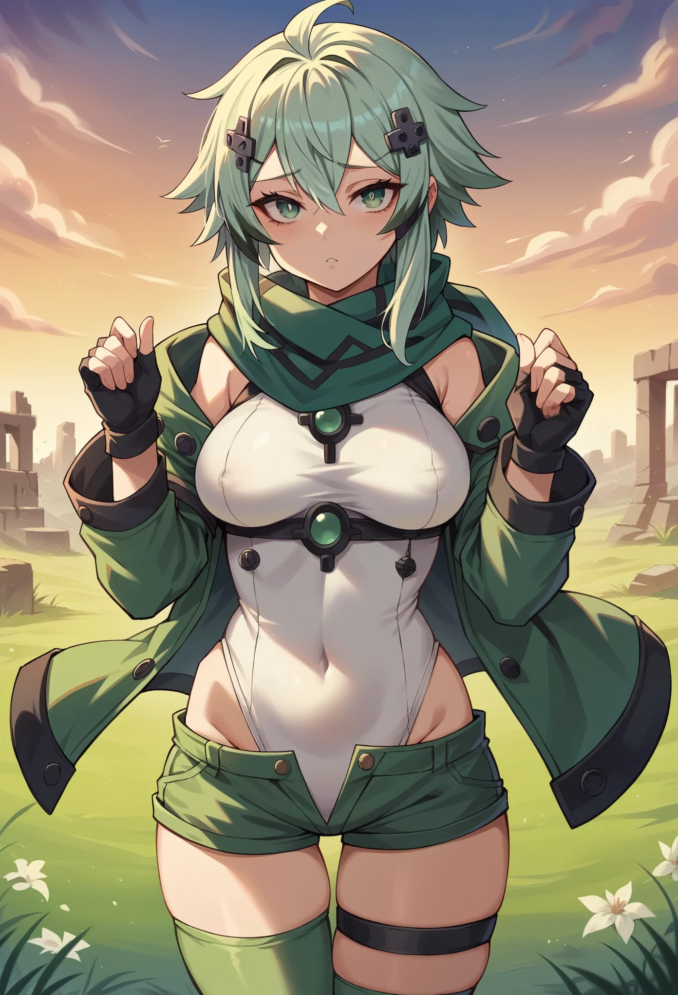 (masterpiece), best quality, expressive eyes, perfect face, highres, sinon1, scarf, fingerless gloves, long sleeves, short shorts,groin, hair ornament, hairclip, green thighhighs, green jacket,covered_nipples, thigh strap, field, sunset_ruins_landscape_background, ruined structures, dynamic_posing, looking at the viewer,,covered_navel,