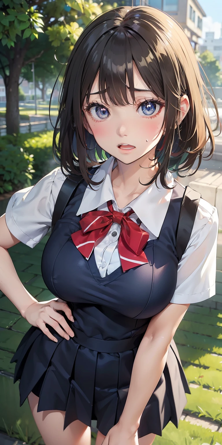 (masutepiece:1.4), ((Best Quality)), (Ultra-detailed), ((kawaii)), (Cute), (Upper body), (colouring), ((Extremely detailed)), 4K, (8K), Best Quality, (Beautiful), Illustration, Anime style, Dynamic Angle, shooting pose, Shake your chest, (from wildcard:1.4), heavy outline, clear outlines, Gradation, (full body focus), (English Garden), ,1girl in, Solo, (School Uniforms), (Beautiful colored eyes),slightly wheat-colored skin,(large tits),Open mouth, Sweat, steam, sparkling effect, Lens Flare, shiny-glistening, gleaming