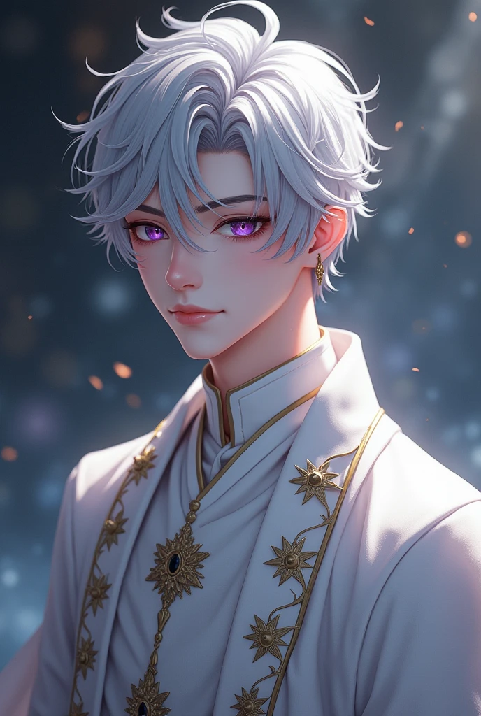 male, silver hair, purple eyes, emperor, drowsy eyes, soft and white skin, Noble appearance, 20&#39;s, bust, myth