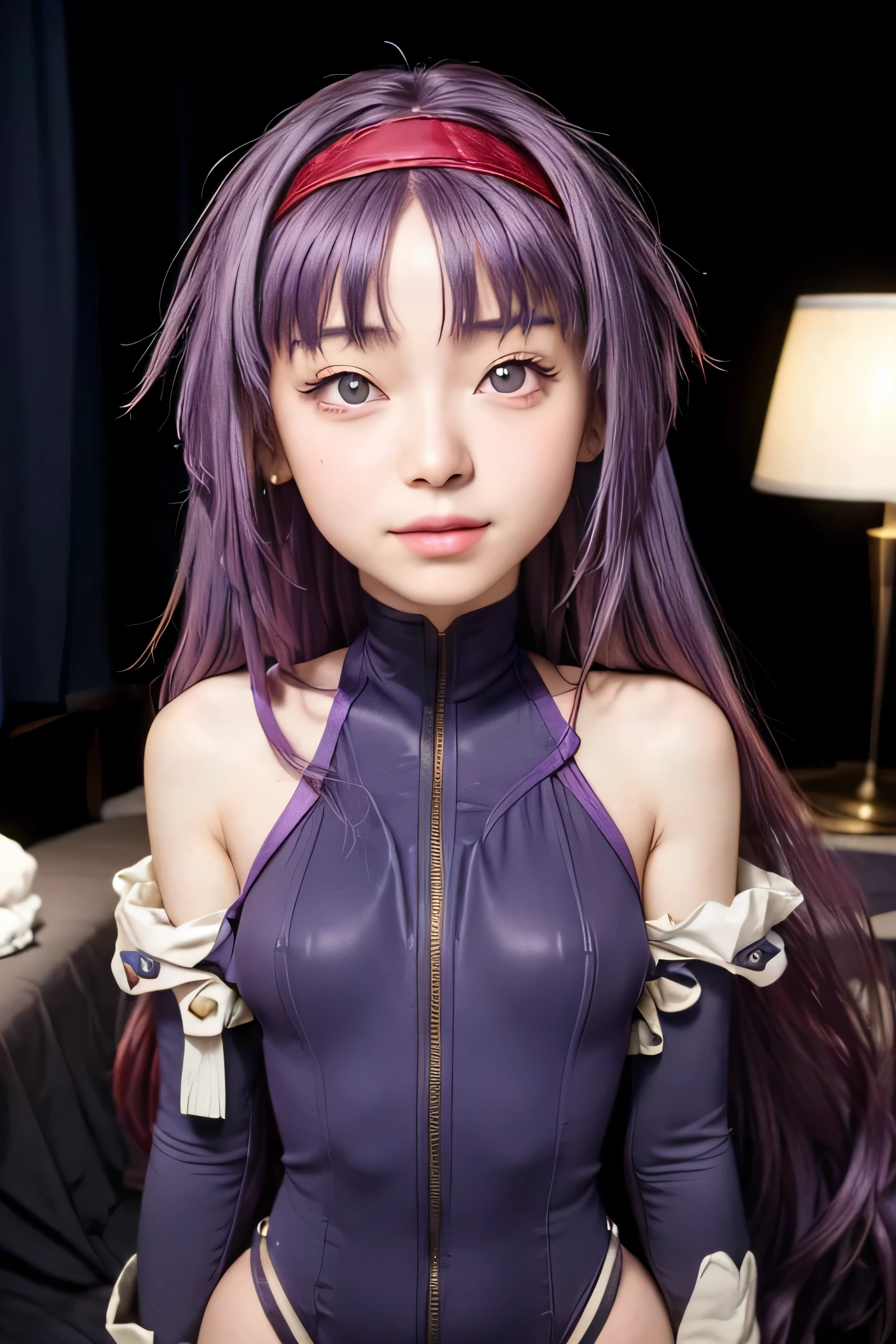 masterpiece, best quality, (realistic,photo-realistic:1.4), (RAW photo:1.2), extremely detailed CG unity 8k wallpaper, delicate and beautiful, amazing,finely detail, official art, absurdres, incredibly absurdres, huge filesize, ultra-detailed,extremely detailed eyes and face,light on face,sumire kakei,(little smile),(purple hair:1.4),(long hair:1.6),(bodysuit:1.5),garden,(bedroom background:1.5),(red hairband:1.4)
