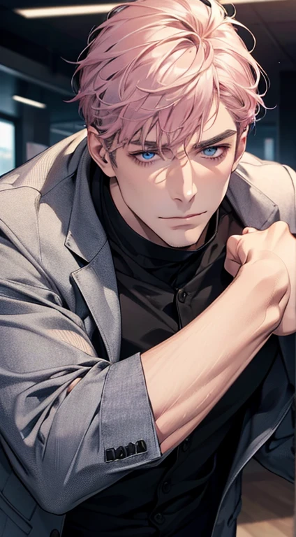 (best quality,4k,8k,highres,masterpiece:1.2),ultra-detailed,(realistic,photorealistic,photo-realistic:1.37),1 man,31 years old,mature man,very handsome,without expression,smile,short grey pink hair,blue eyes,penetrating gaze,perfect face without errors,imposing posture,businessman,office background,cinematic lighting,hdr image