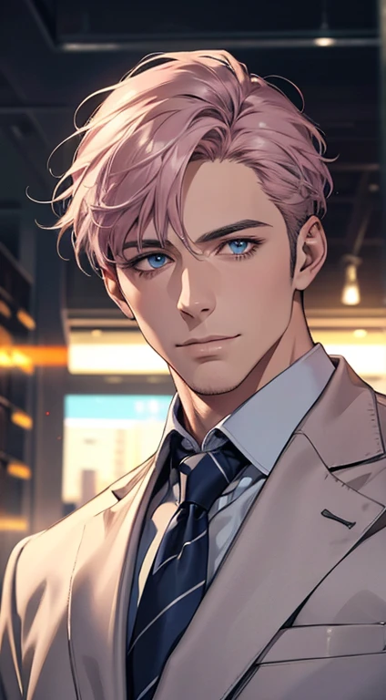(best quality,4k,8k,highres,masterpiece:1.2),ultra-detailed,(realistic,photorealistic,photo-realistic:1.37),1 man,31 years old,mature man,very handsome,without expression,smile,short grey pink hair,blue eyes,penetrating gaze,perfect face without errors,imposing posture,businessman,office background,cinematic lighting,hdr image