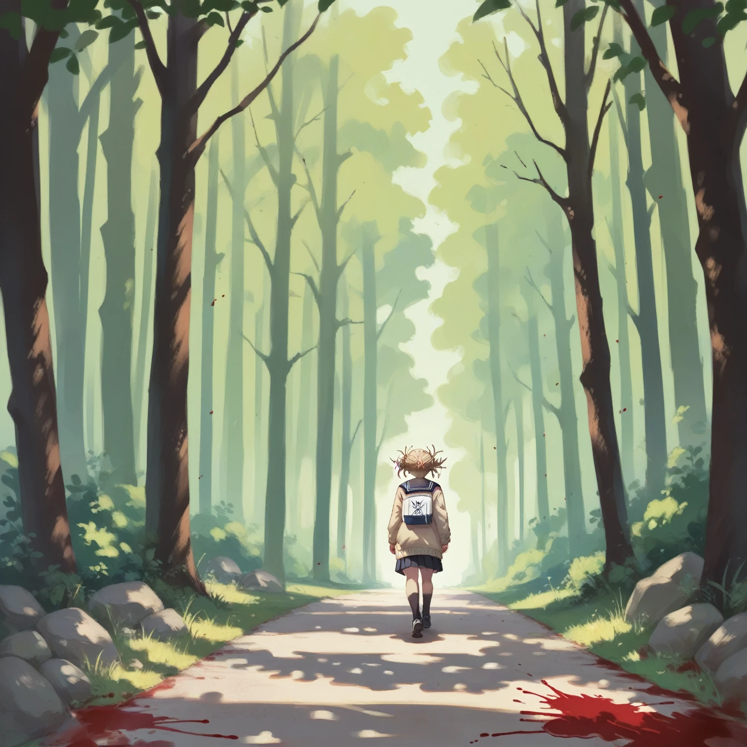 Himiko Toga walking in a black forest while covered in blood 