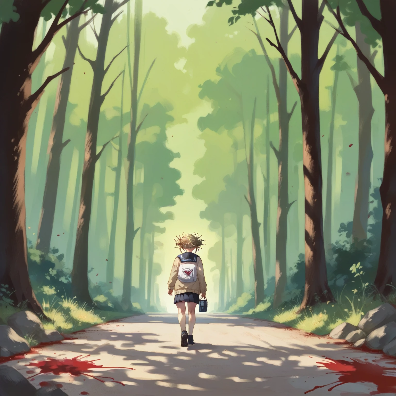 Himiko Toga walking in a black forest while covered in blood 