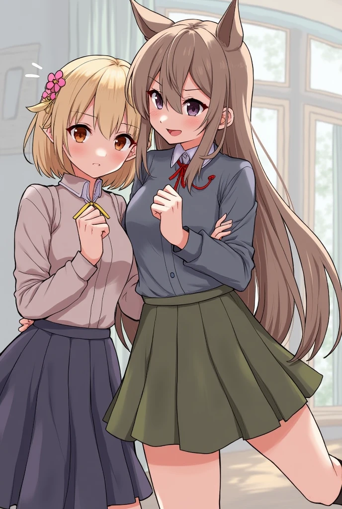 (best quarity:1.2),masterpiece,3girls,three sisiers,(pig_girl:1.2),erotic,cute,(pig ear:1.2),(pig tail:1.2),cute clothes,cute panty,smug face,They are standing side by side in front of a brick house,cute pose,cowboy_shot,panty_peek