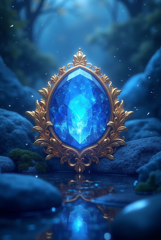 Create a K-pop album cover with a mystical blue-hued background. A brilliant sapphire stands out in the center with gold details. Includes elements that symbolize wisdom and clarity, with a modern and glamorous touch typical of K-pop
