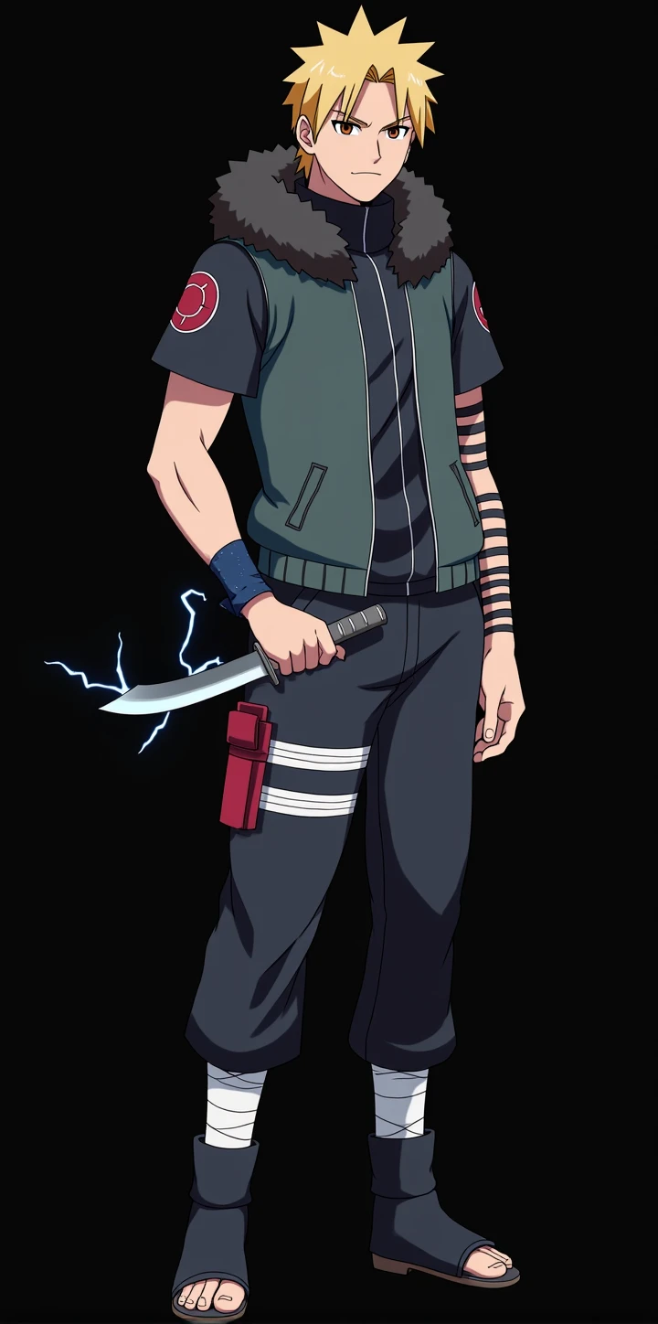 Whole body, masculine, Naruto Style, short blonde hair, dark blue jacket, black bandages on his arms, attractive, brown slanted eyes, hood with black polar fur, bandana tied on bicep, kunai in hand, lightning coming out of his hand, anime, 4k, White background