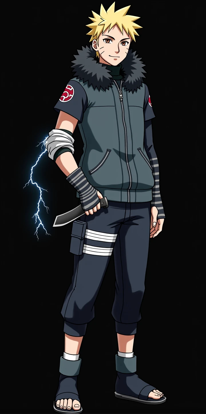 Whole body, masculine, Naruto Style, short blonde hair, dark blue jacket, black bandages on his arms, attractive, brown slanted eyes, hood with black polar fur, bandana tied on bicep, kunai in hand, lightning coming out of his hand, anime, 4k, White background