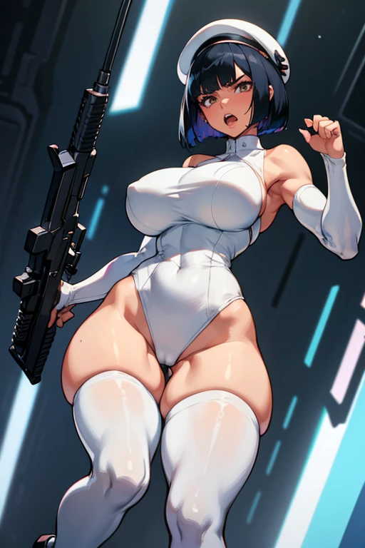  thick hips,  thick thighs, platform  heels, white tight dress, huge breast, thin waist, bob cut hair, weapon, tanned skin, gun, angry look,  scream, thick body, fitness, stockings, beret, cyberpunk , high cut leotard,