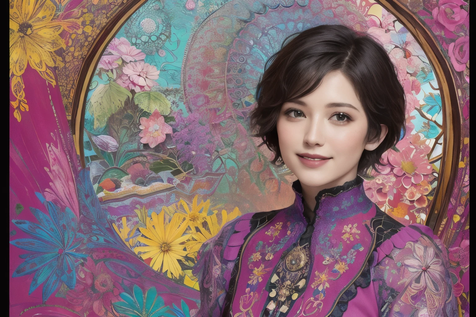 271 (20-year-old woman,short hair), (masterpiece, Highest quality, beautiful:1.2), Very detailed, (Fractal Art:1.1), (colorful:1.1), (flower:1.3), whole body, (Abstract background:1.3), (Many colors:1.4), (Old-fashioned smile), (window)