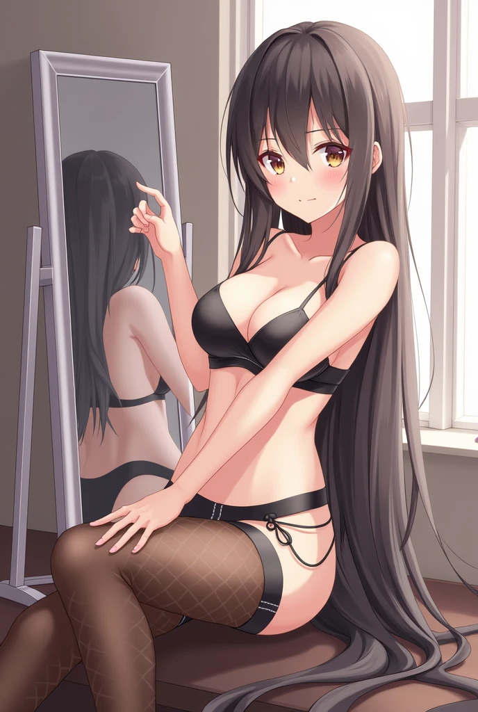 yuigahama, sitting in front of mirror, wearing black fishnet stockings, black lingerie, no bra, legs open, anime girl, hentai
