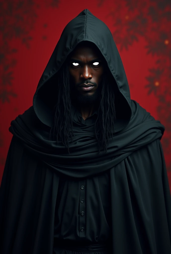 (photorealism:1.2)
An anachronistic man drenched in a black cloak. The male’s melanin skin. His eyes are platinum and his hair is extremely long and unkempt. He has a hood over his head. The background is red and dark red.