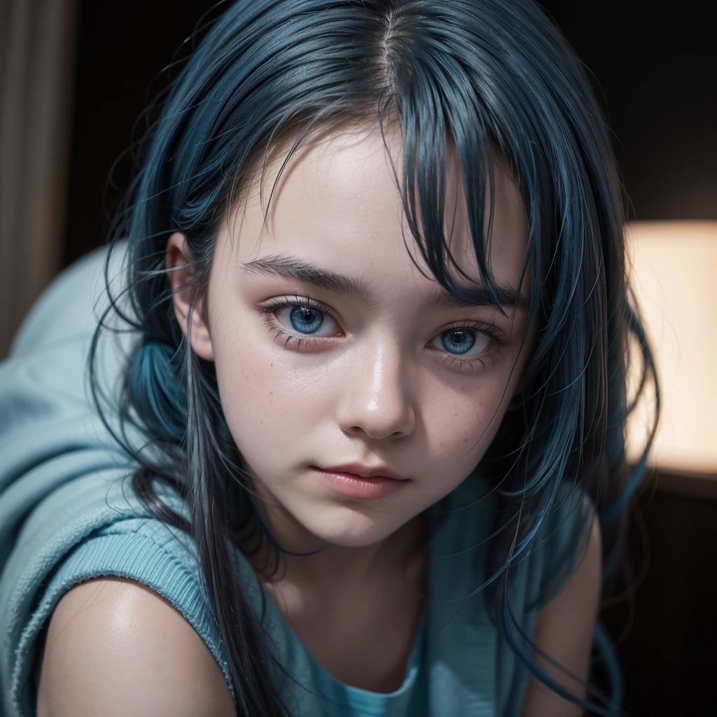 Young girl, , BLUE hair, Harry Styles inpired face