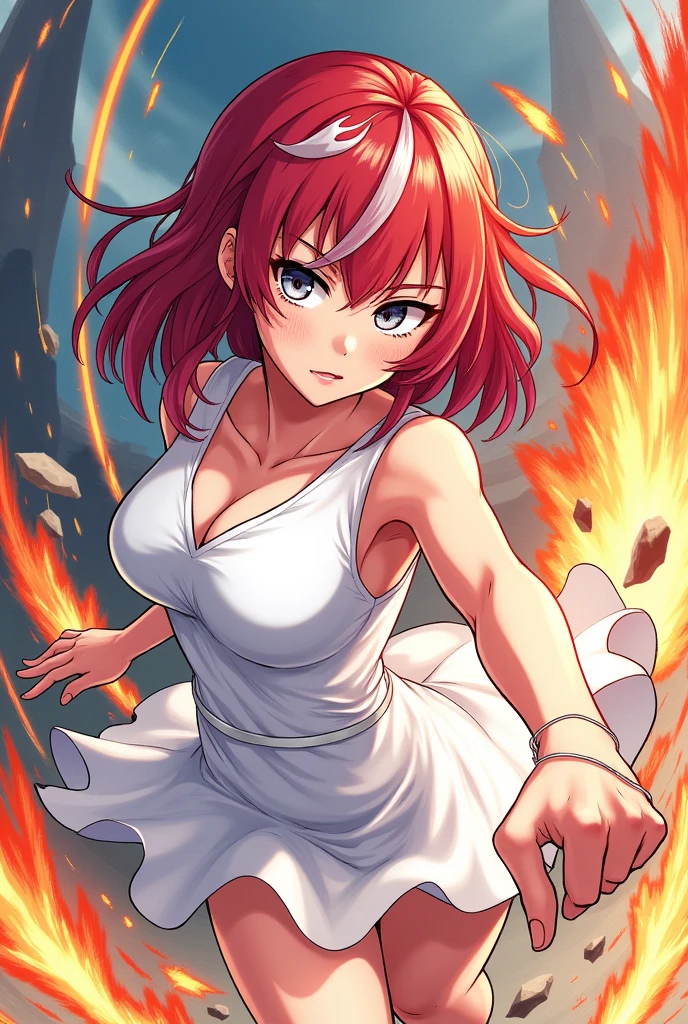 make me a picture:panel comics baku no hero,Female gender,Red hair with white streaks, waist-length,gray eyes,wearing a short white dress