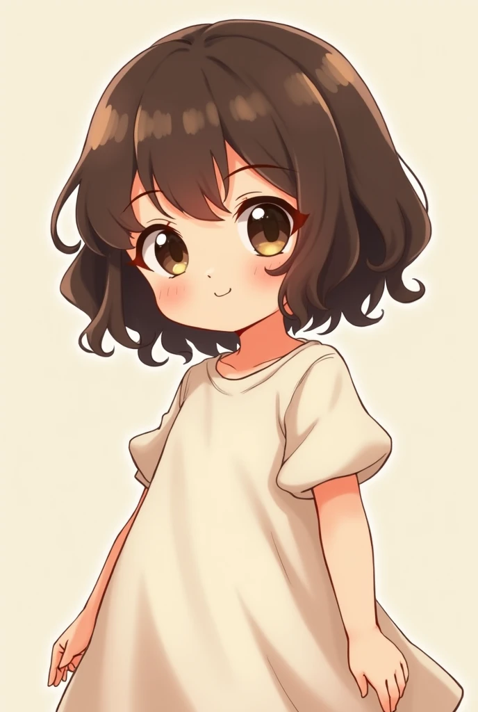 Anime style kawaii girl short wavy dark brown hair her skin is dark brown dark brown eyes wears a white dress she is chubby