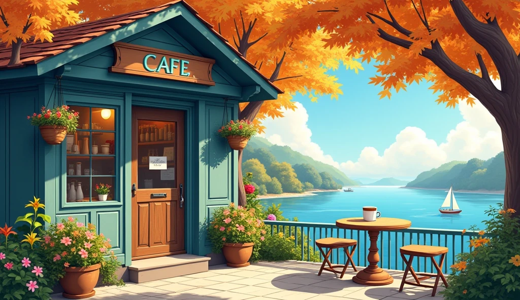 A cozy, charming café with an inviting atmosphere. The café has a blue exterior with a rustic wooden door and large windows displaying the interior. The building is surrounded by lush greenery, including plants growing up the walls and hanging flower baskets filled with colorful blooms. There is a small outdoor seating area with a round table and wooden stools, with two cups of coffee placed on the table. The scene is set during autumn, with vibrant orange and yellow leaves on the trees that arch over the café, creating a warm and welcoming ambiance. In the background, there is a serene lakeside view with a distant sailboat, under a partly cloudy sky. The lighting is soft, with shadows adding depth to the scene, making it feel peaceful and inviting,theme of analog color, hip hop lo-fi, retro, flat, 2.5D, line drawing, ink painting, watercolor painting, pastel color, Studio Ghibli style, bright colors, lo-fi style, old texture, amplitude, masterpiece, technology of wonders