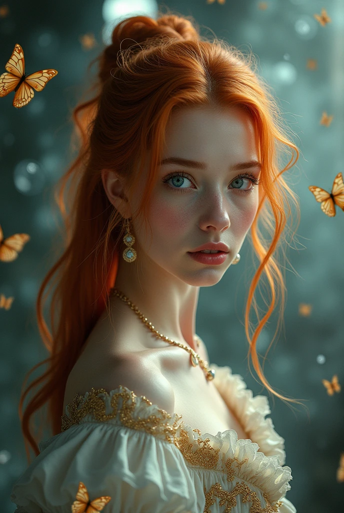 (solo, full body photo:1.3), (action packed:1.3), (haze, fog, mist:1.3), chiaroscuro, best quality, photorealistic, 1woman, (cute), (24yo:1.2), redhead, long ginger hair highly detailed, 1700'S, digital photography, art by artgerm and ruan jia and greg rutkowski surreal painting gold butterfly filigree, broken glass, (masterpiece, sidelighting, finely detailed Fashionable eyes: 1.2) (perfect oval large eyes that gazes at the viewer), beautiful detailed face, blue gorgeous perfect eyes, (blonde hair ponytail), (attractive young woman:1.3), (thick amazing hair), (seductive:1.1), (blushing:1.1)