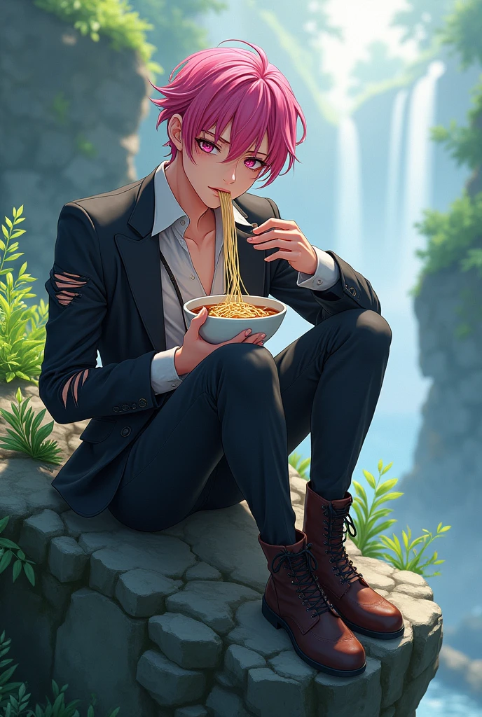 Beautiful boy with pink hair, succulent sexy pretty sloppy pig cosplay in torn suit, delicate and clear blushing face and facial features, highly detailed, 8K, riding on a rock eating soba, a yaoi anime masterpiece