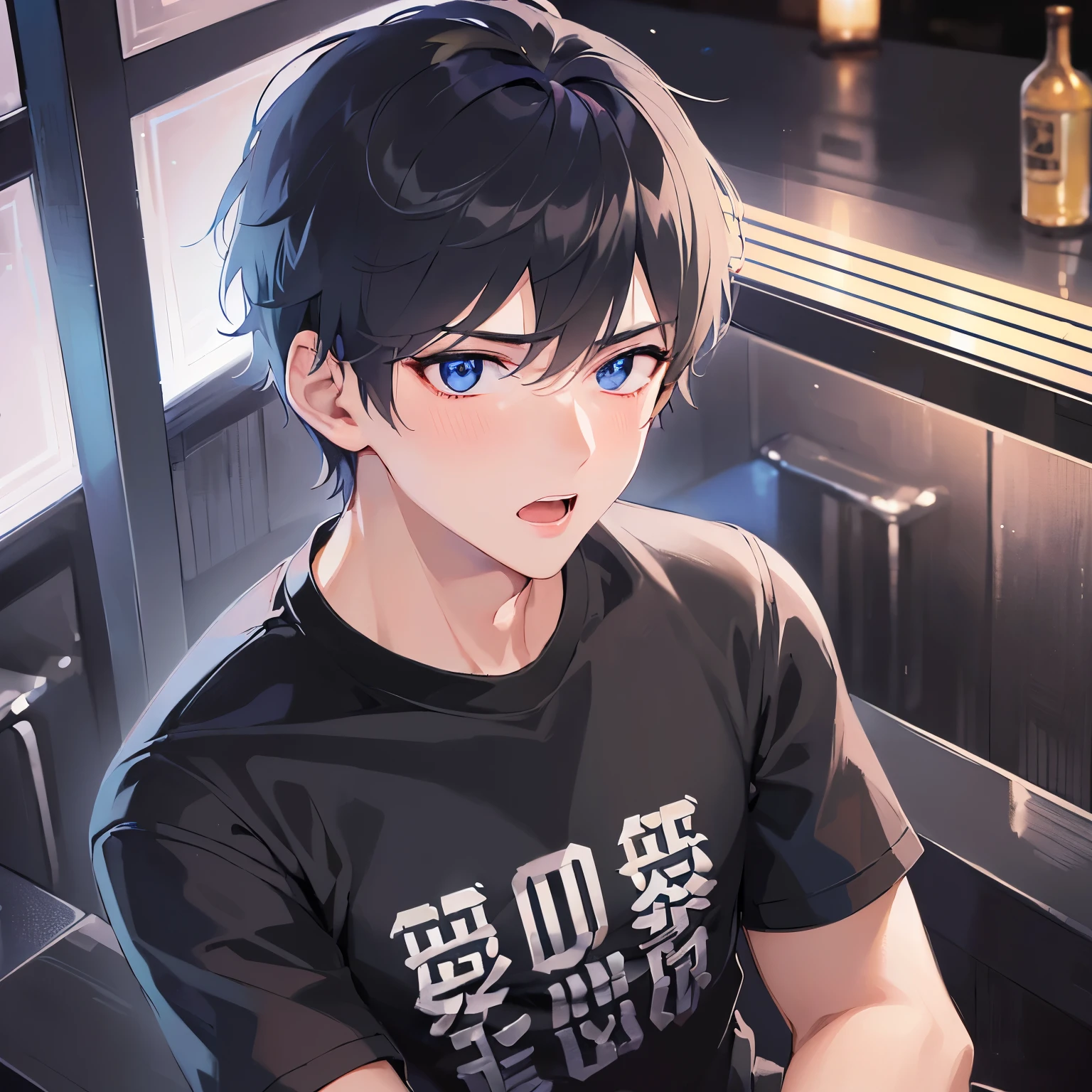 upper body,Shooting from above、
shiny skin, masterpiece、Highest quality、
(25-year-old male:1.5) and (Black short hair) and (blue eyes), 
black long sleeve t-shirt blush,confused,open mouth,The background is the interior of a bar at night.、(alone:1.5)