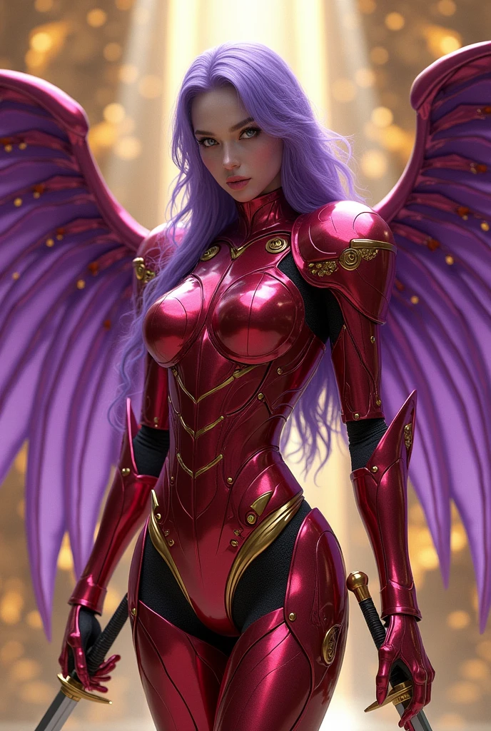 Robotic girl with ruby colored armor, Purple Wings, with purple hair, special details on the arms, two swords on the coast, golden rings scenario