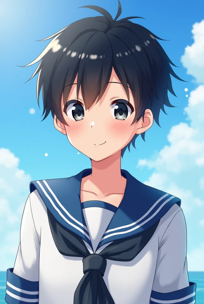 1 boy, Photo Card, black hair, black eye, smiley face, korean, Short hair, Age 25, 8k, Refreshing, High Quality, sky background, Blue sailor suit, uniform