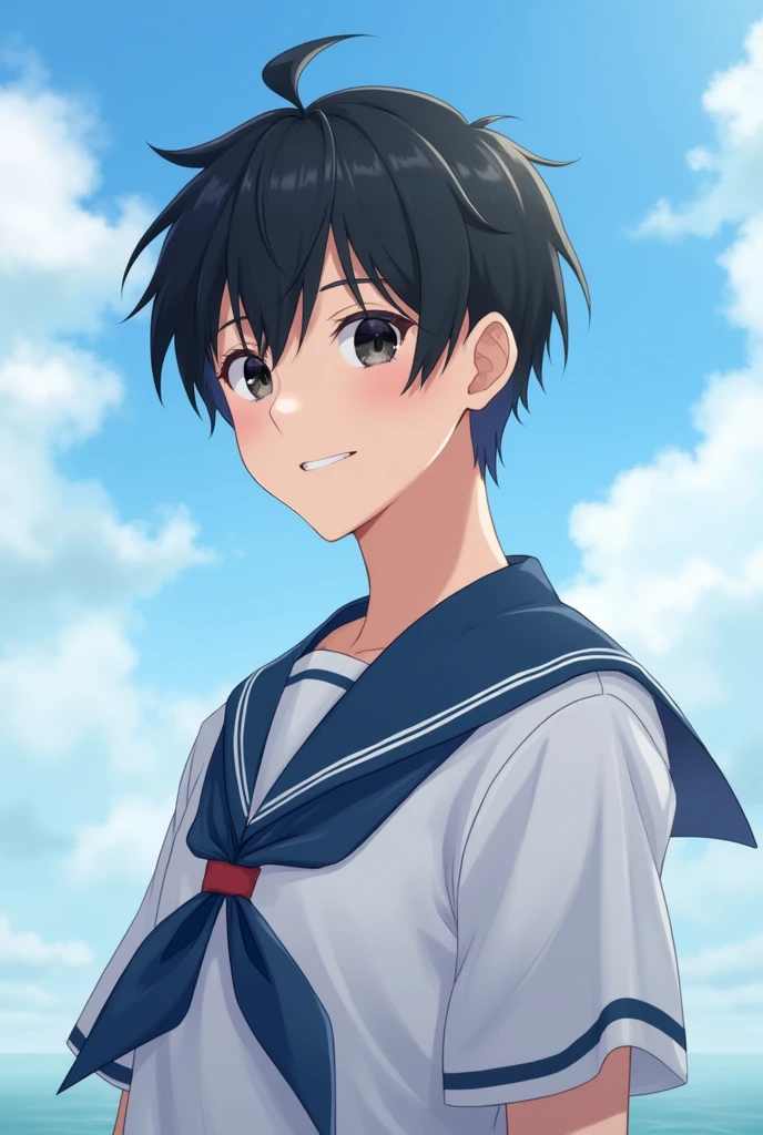 1 boy, Photo Card, black hair, black eye, smiley face, korean, Short hair, Age 25, 8k, Refreshing, High Quality, sky background, Blue sailor suit, uniform