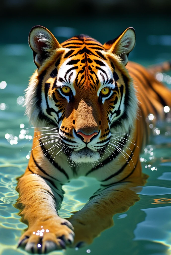 A majestic tiger with intricate golden details on its fur, gliding smoothly through crystal-clear waters. The tiger's eyes are a striking yellow, glowing with intensity as they reflect the sunlight. The water is so transparent that you can see the tiger's graceful movements and the ripples it creates as it swims, with a slight shimmer from the golden accents on its body. The environment around is serene, with light filtering through the water, highlighting the tiger's powerful yet elegant form.