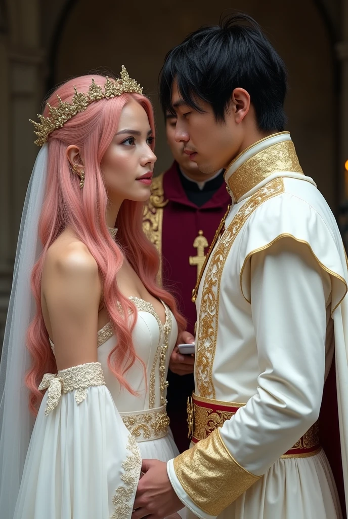 Medieval romantic setting. Beautiful woman with pink long hair and hazel eyes clad in a white wedding dress with golden dragon pattern embroidery. The man is handsome with neck length messy black hair and dark eyes clad in regal white and golden dragon pattern embroidery. A priest officiates the wedding and is clad in burgundy.