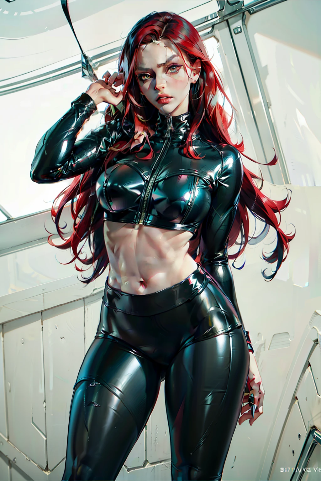 K/DA All Out Kai'sa, long red hair, defined body, Overview, posse sexy, latex pants, Overview